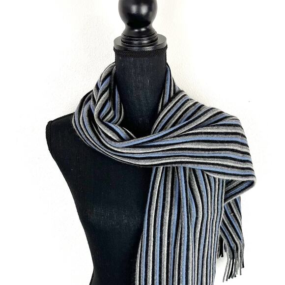 GUY LAROCHE Wool Scarf Winter Vertical Stripes Neutral Blue Gray Black - Picture 3 of 7